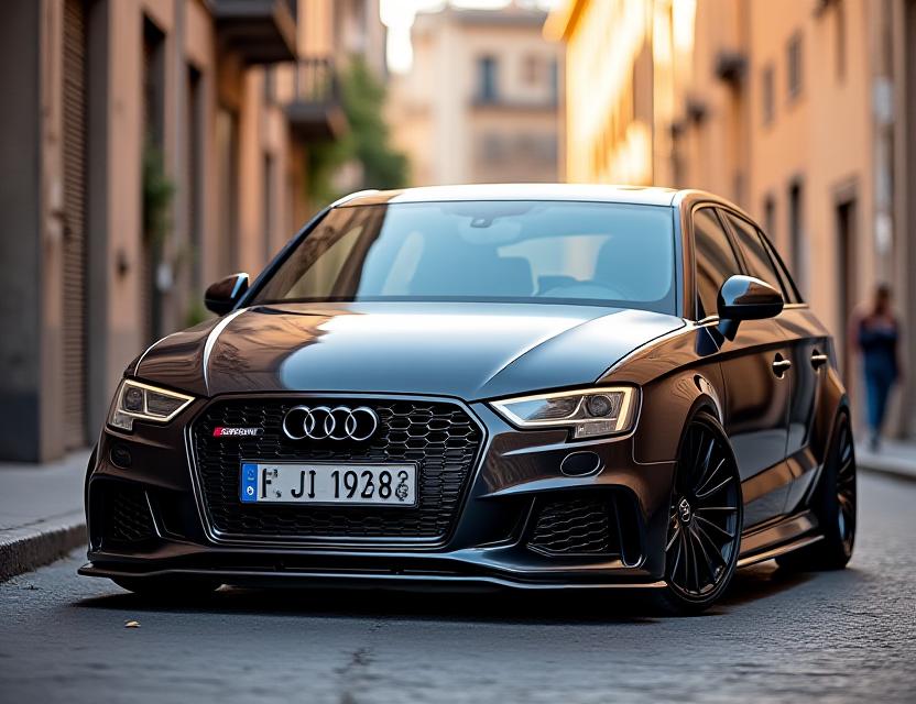 Audi RS3 Custom modificata parcheggiata in un'ambientazione urbana di Roma, con dettagli che risaltano le modifiche estetiche e funzionali